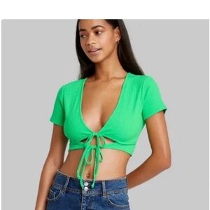 Wild Fable Ribbed Green Tie-Front Crop Top